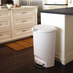 50L semi-round plastic pedal bin - white - lifestyle in kitchen image