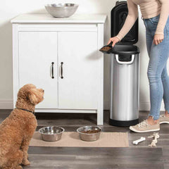 x-large pet food bin - lifestyle woman scooping food